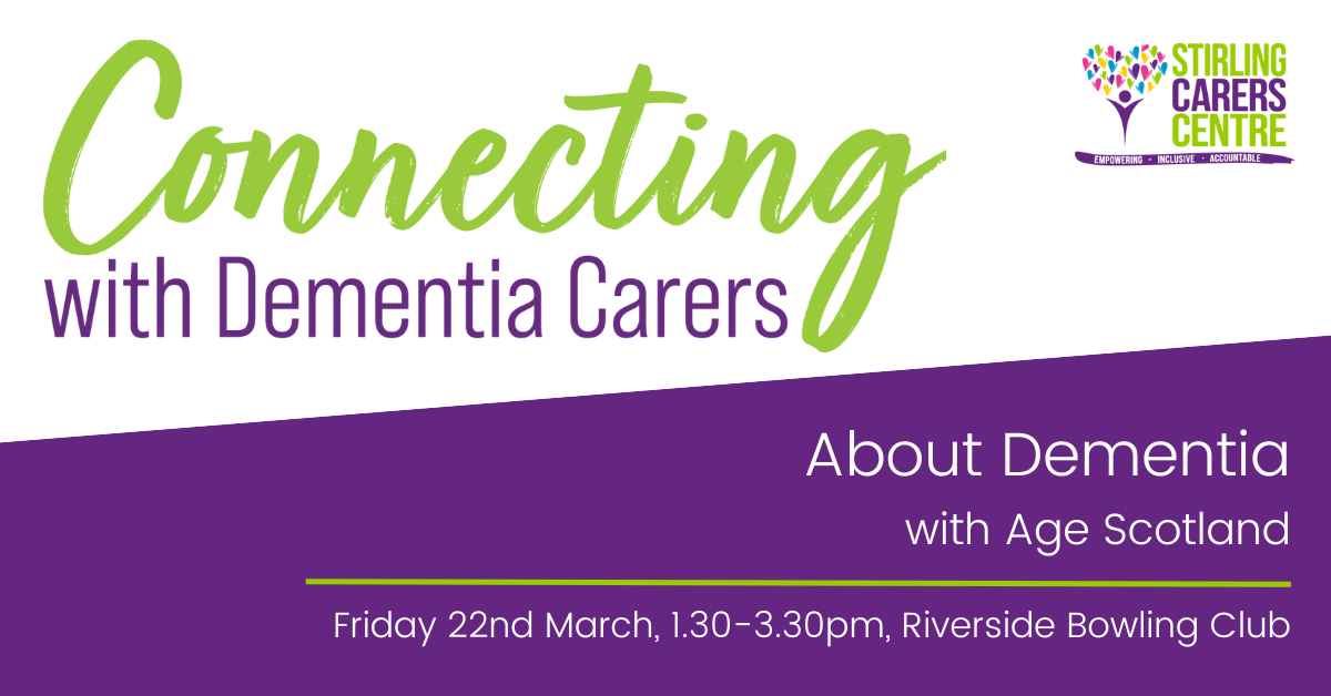 Sure, here's the refined information about the Connecting with Dementia Carers event:
Event Details:
- Date: October 21, 2023
- Time: 10:00 AM to 3:00 PM
- Location: Stirling Community Center
- Sponsors: Stirling Carers Centre and Age Scotland