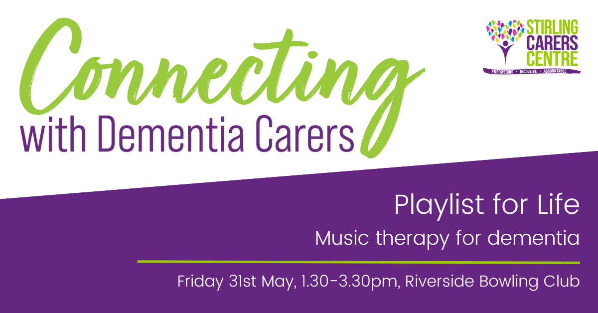 Event poster for Connecting with Dementia Carers by Stirling Carers Centre
Friday 31st May, 1:30-3:30pm
Riverside Bowling Club