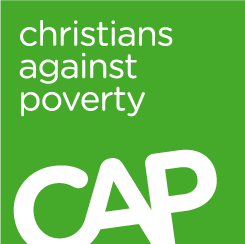 The task involves describing the logo for Christians Against Poverty (CAP) visually without using quotation marks. Here's the description:

---

The logo features a solid green background. On this backdrop, the organization name is displayed in white and black text.