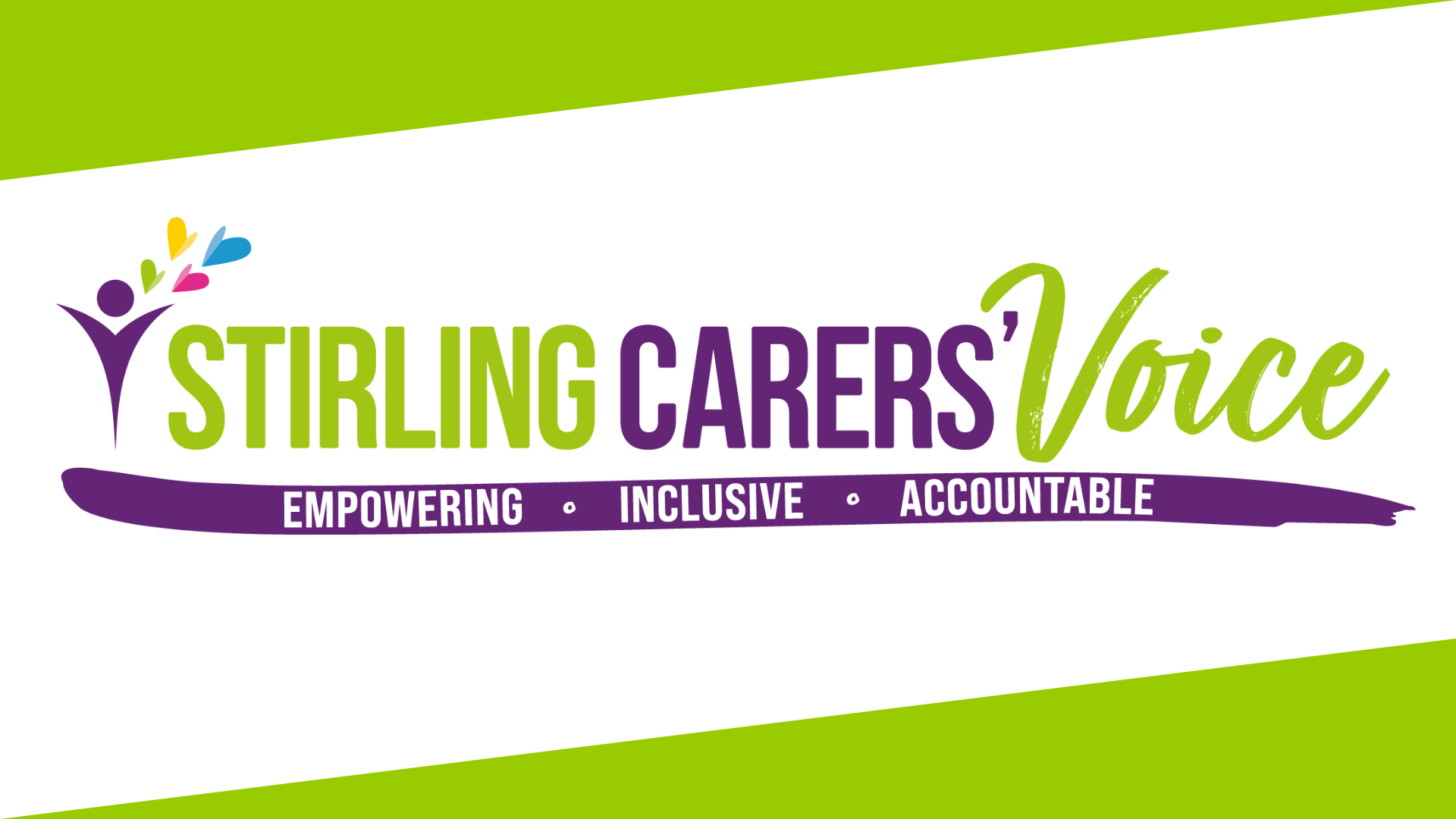 Stirling Carers' Voice logo with text Empowering • Inclusive • Accountable on a white and green background.