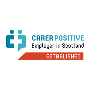 Carer Positive Employer in Scotland Established logo with two stylized figures and a red banner.