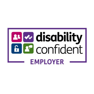 **Disability Confident Employer logo with icons representing inclusivity, support, and accessibility.**