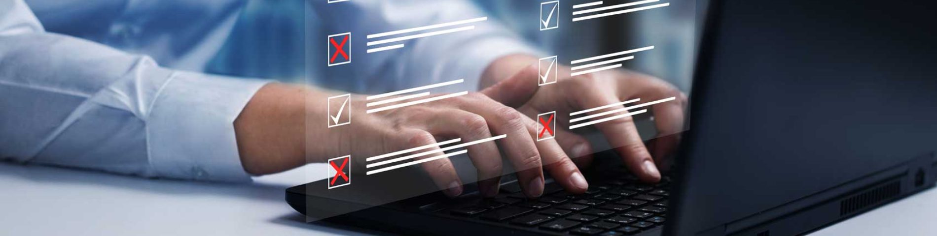 Survey form, check marks on checklist, filling online form and answering questions concept
