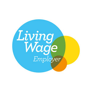 Living Wage Employer logo with overlapping blue, green, yellow, and orange circles.