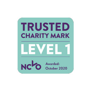 Badge that reads Trusted Charity Mark Level 1 NCVO. Awarded: October 2020 on a light teal background.