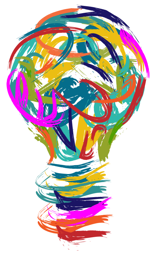 A colorful, abstract light bulb illustration with swirling brush strokes.