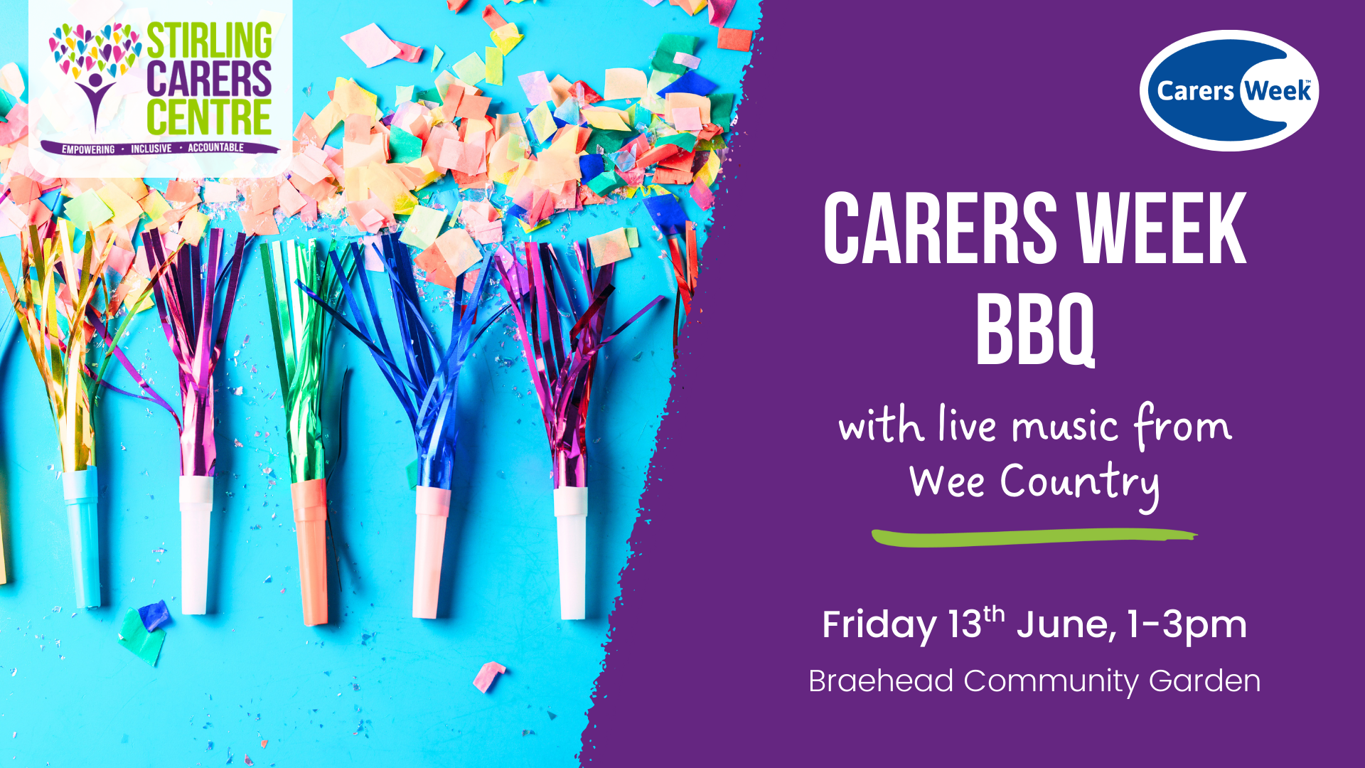 Colourful confetti poppers on blue next to Carers Week BBQ event info on a purple background.