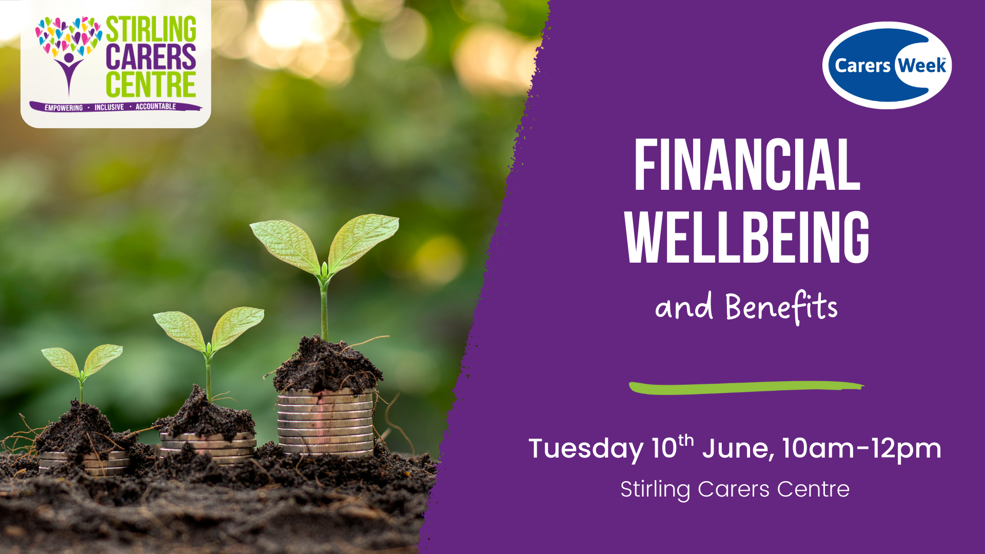 Three seedlings growing from stacked coins, promoting a financial wellbeing event at Stirling Carers Centre.