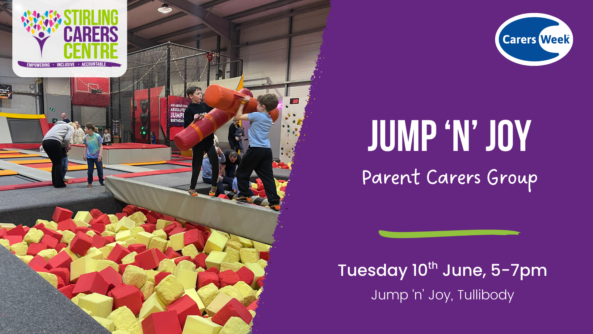 Children play on foam pits at an indoor center; Jump n Joy event details for parent carers are shown.