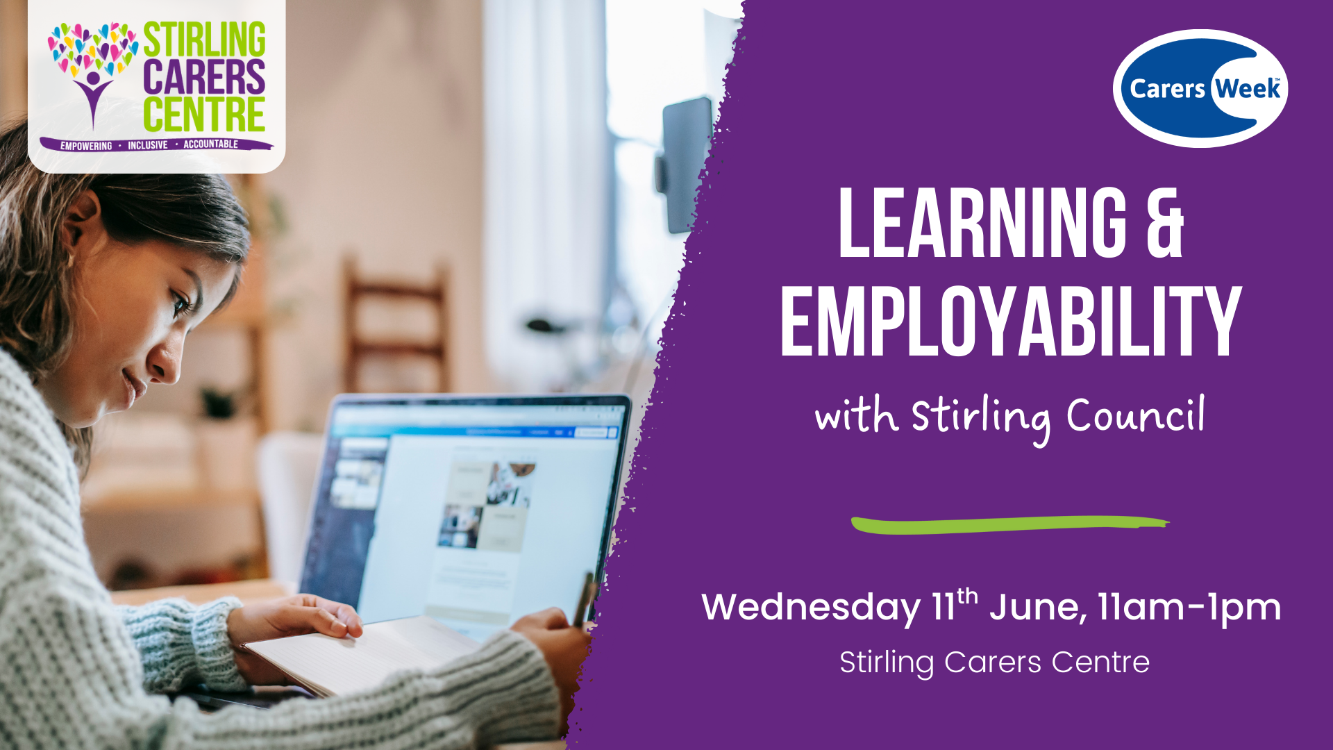 A woman uses a laptop; event text reads Learning & Employability, 11th June, Stirling Carers Centre.