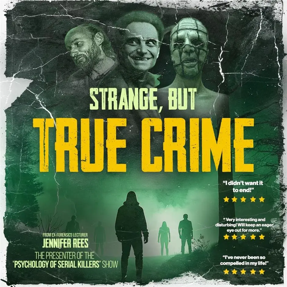 Three eerie faces loom above forest silhouettes and figures, with bold TRUE CRIME text in yellow over green tones.