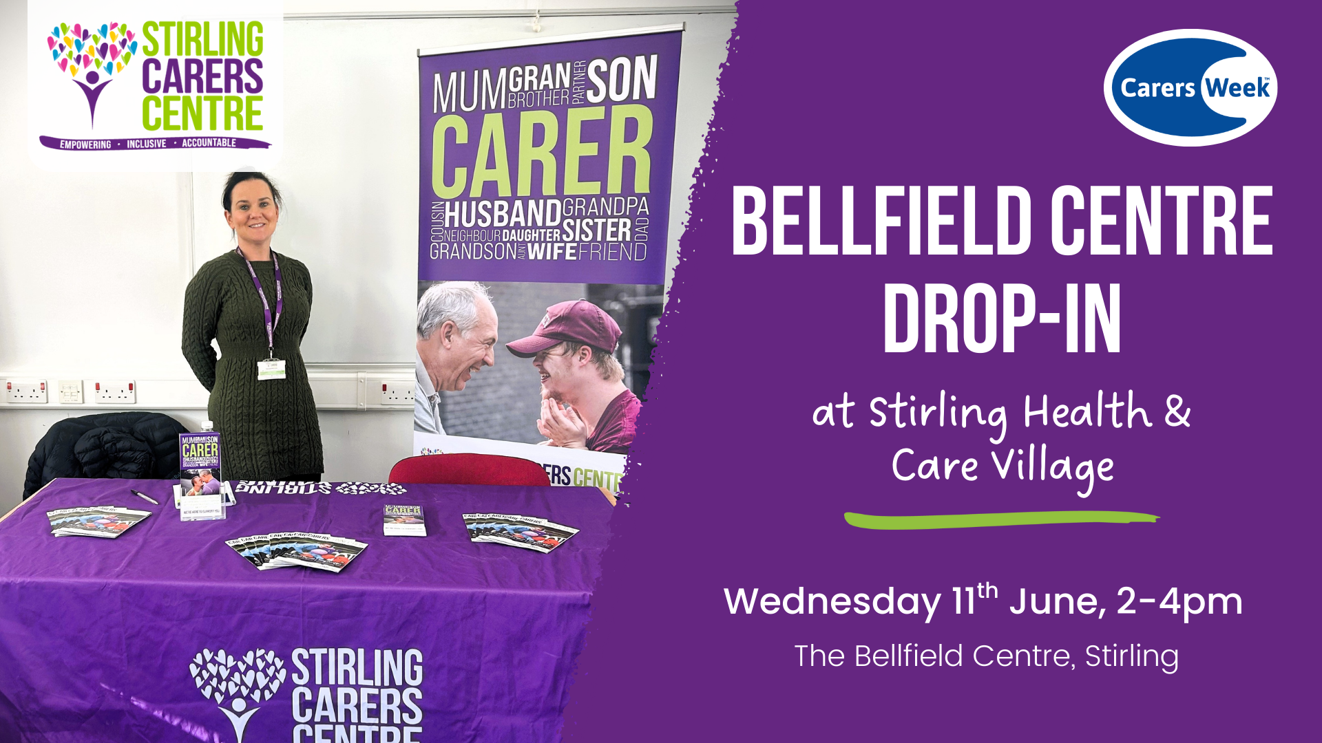 A woman stands by a Stirling Carers Centre table promoting a Bellfield Centre drop-in for Carers Week.