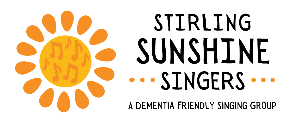 Logo with a sun and musical notes beside text: Stirling Sunshine Singers, a dementia friendly singing group.