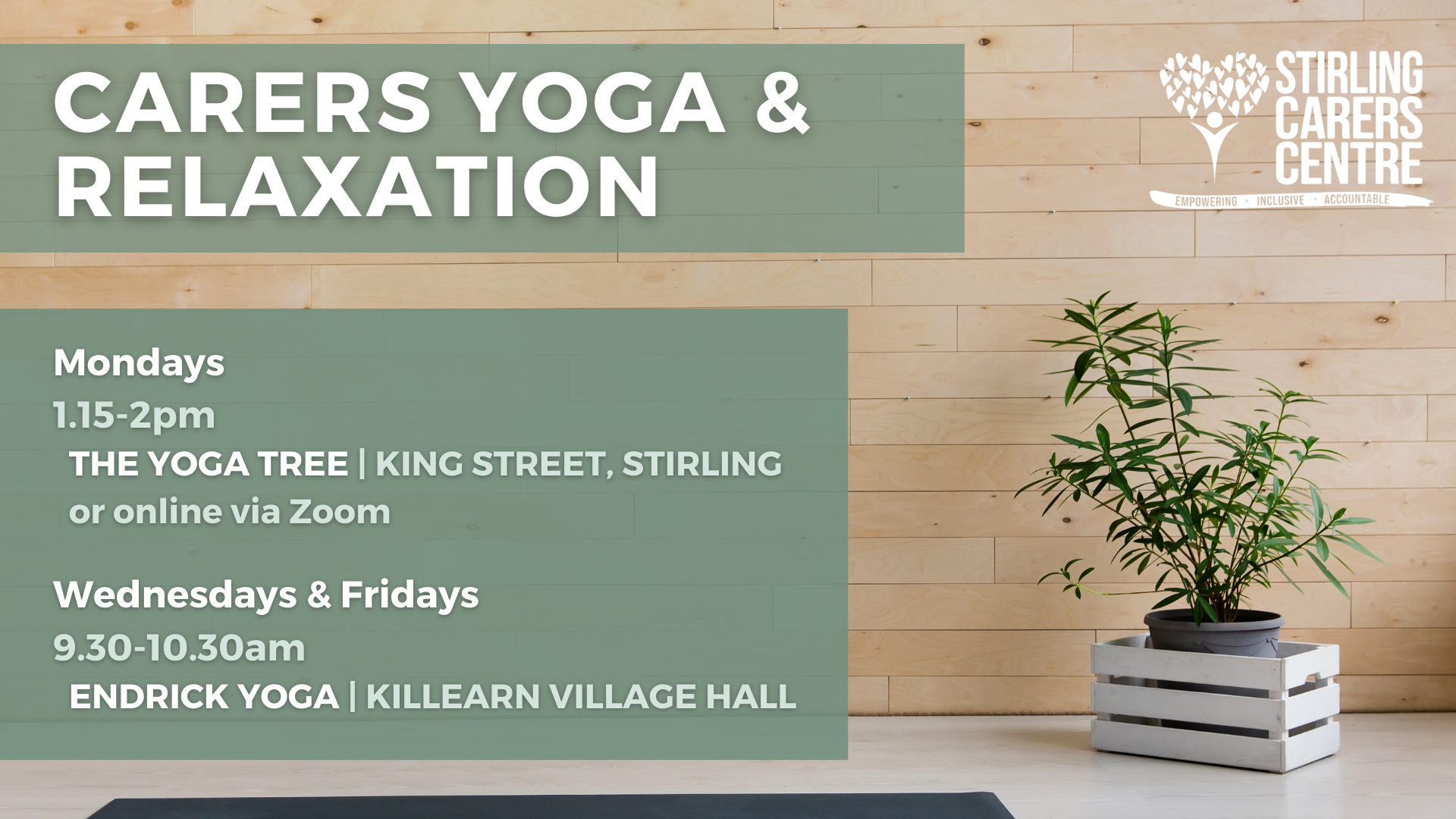 Yoga mat and plant in a bright room; text gives details of carers yoga sessions and Stirling Carers Centre logo.